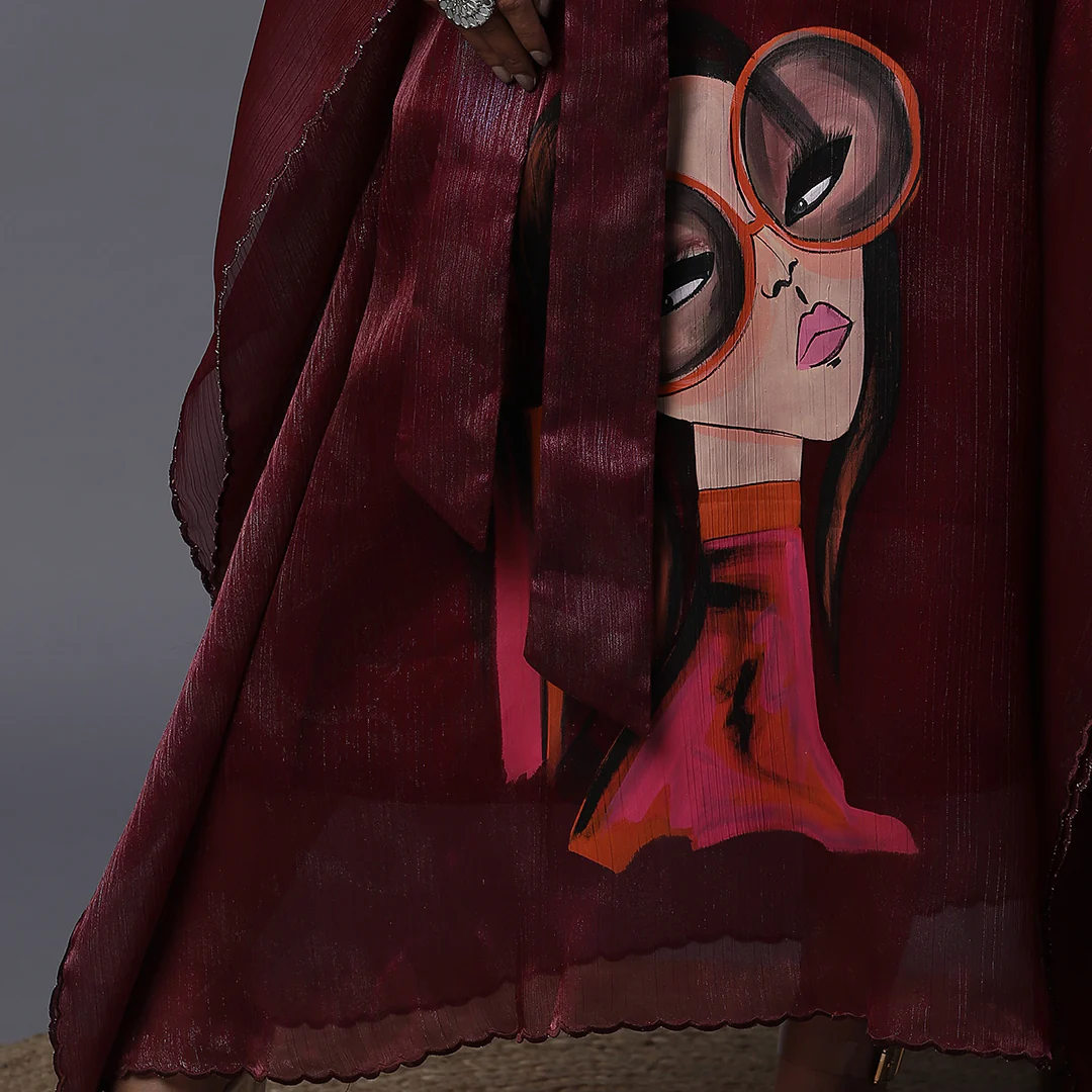 Wine Organza Handpainted Kaftan - Image 3