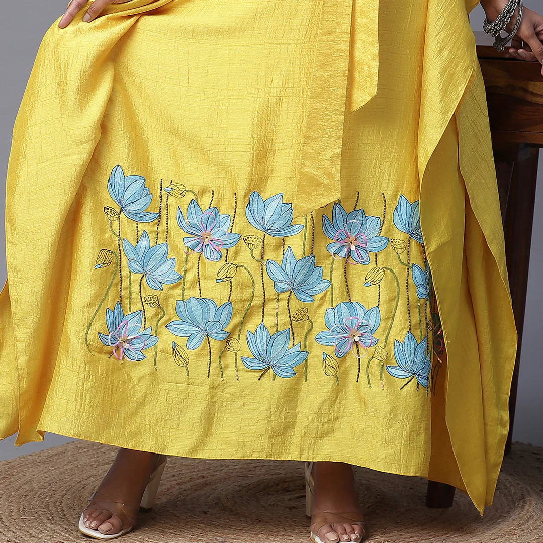 Yellow Silk Handpainted Kaftan - Image 3
